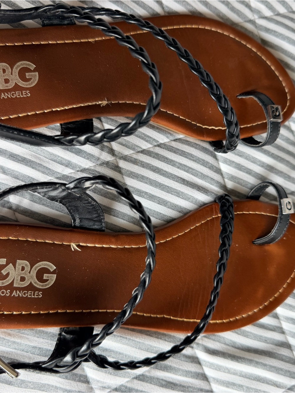 GBG Los Angeles Black Braided Strap Flat Sandals